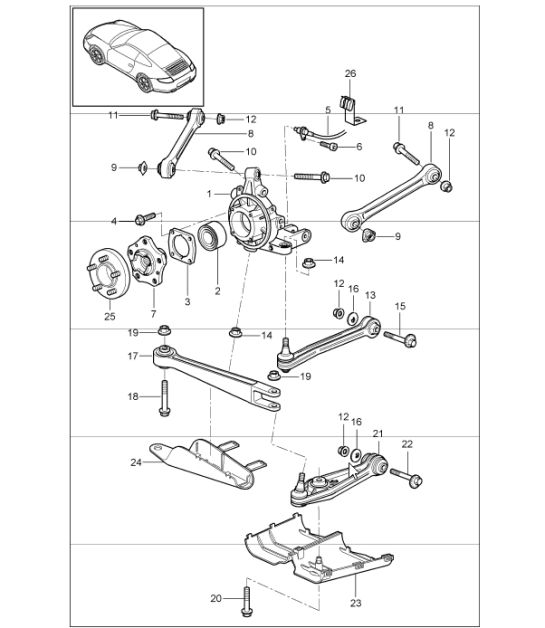 rear axle, wheel carrier, control arm and wheel hub for 997.1 2005-08