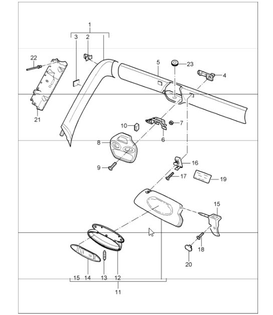 a-pillar, windscreen frame and sun visors for 997.1 COUPE / CABRIO / TARGA 2005-08