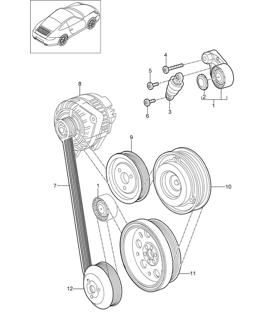 Belt tensioner damper / V-belt 997.2 Carrera 2009-12
