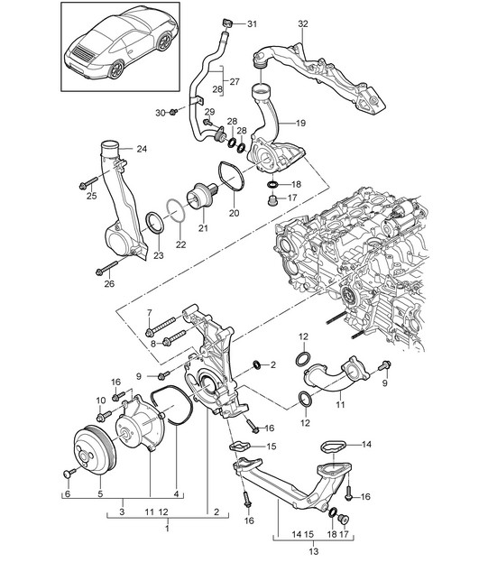 Coolant pump / Thermostat housing 997.2 Carrera 2009-12