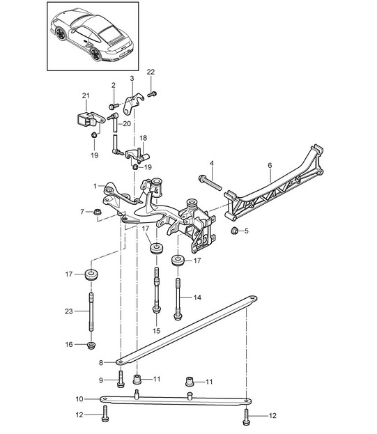 Mounting bracket front cross member levelling sensor link. Porsche