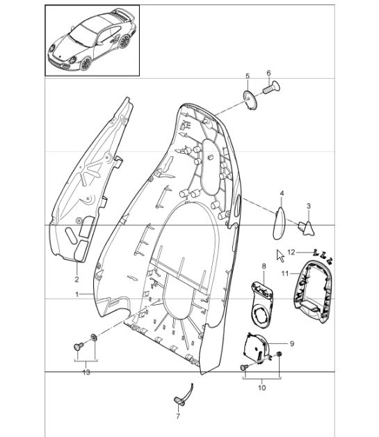 backrest shell, standard seat and comfort seat 997.1 TURBO COUPE / CABRIO 2007-09