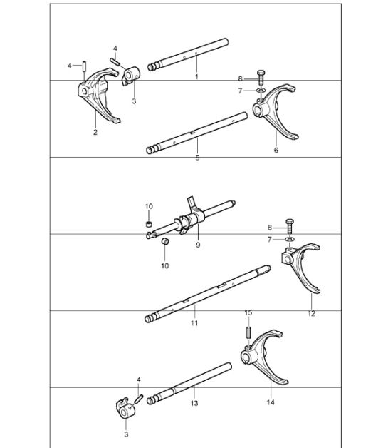 gear shift, rod shift fork and shift rod for 996 GT3-1 G96.90 2000-01, 996 GT3-1 G96.93 2001 and 996 GT3-1 G96.96 2004-05