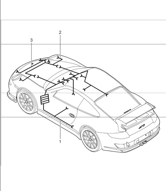 wiring harnesses: passenger compartment, FRONT luggage compartment, lining, front, airbag, seat-belt tensioner, repair kits, shock absorber, anti-lock brake system, brake pad wear indicator and front axle 997 GT3 2007-11