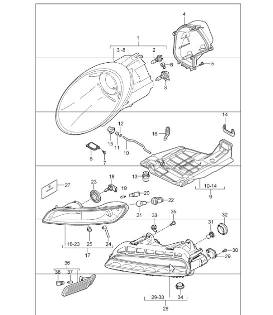 headlamp, additional headlamp and direction indicator light 997 GT3 2007-11