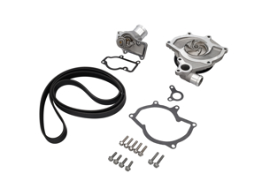 Water pump kit with belt and thermostat. Porsche Boxster 986 / 996 With A/C (non Turbo) - 99610601155, 996.106.11.55, 99610601156, 99610601157, 99610215166, 99610632650, 99610601360, 99610601151, 99610601153, 99610601154, 99610601361