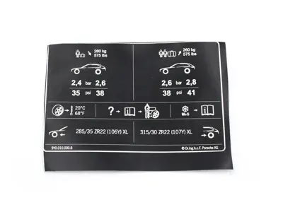 Tyre pressure sticker. Porsche 9YA Cayenne - 9Y0010000B