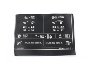Tyre pressure sticker. Porsche 9YA Cayenne - 9Y0010000B