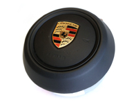 Black leather airbag unit for steering wheel. Porsche 992.1 - 992880201DTRP, 992880201CTRP, 992880201D, 992880201C