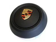 Black leather airbag unit for steering wheel. Porsche 992.1 - 992880201DTRP, 992880201CTRP, 992880201D, 992880201C