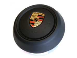 Black leather airbag unit for steering wheel. Porsche 992.1 - 992880201DTRP, 992880201CTRP, 992880201D, 992880201C
