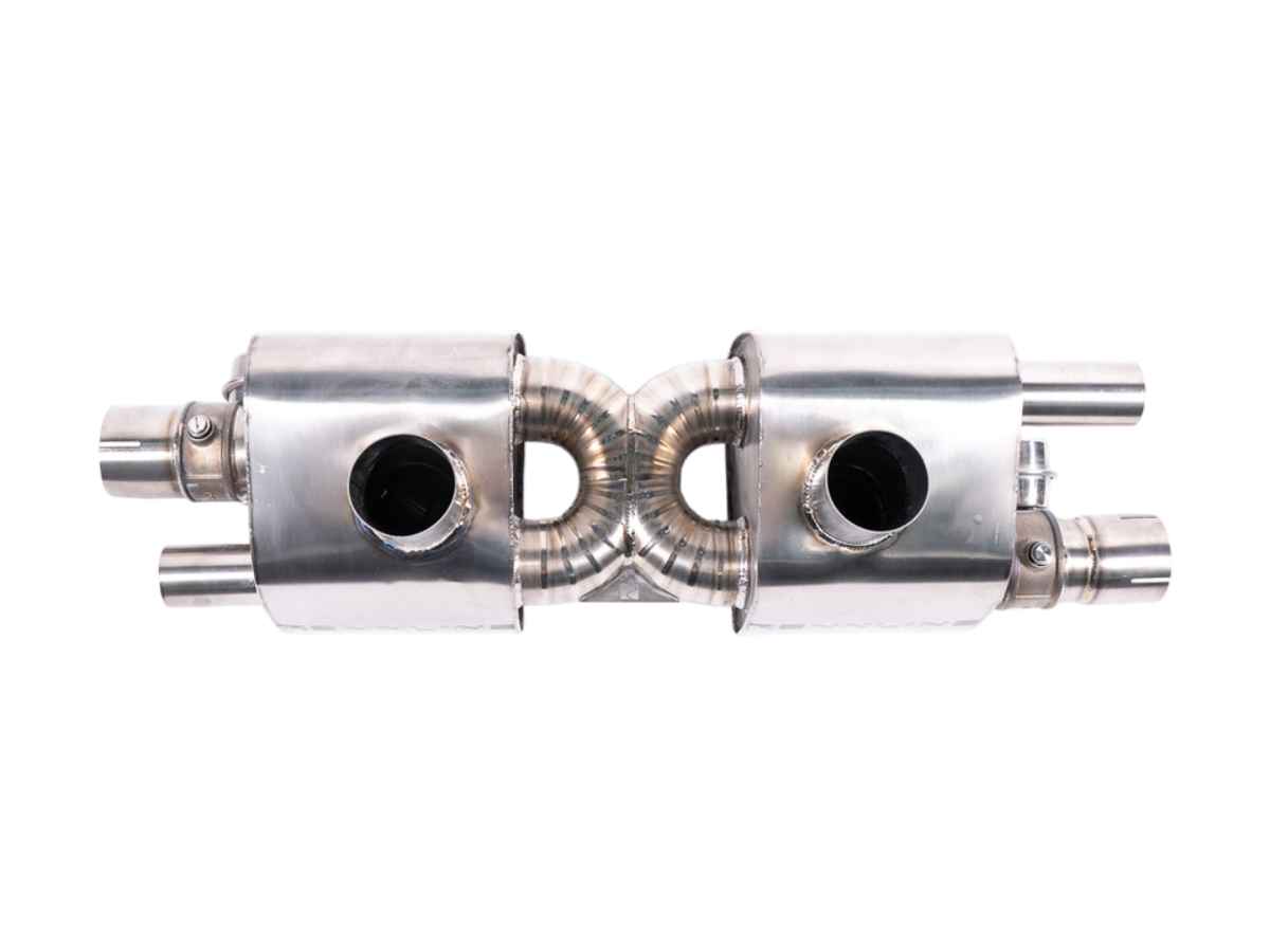 Titanium sports exhaust rear silencer valved from Rennline. Porsche 991.2 with centre exhaust