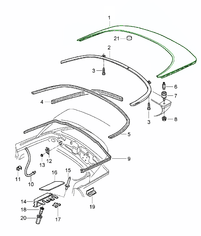 Porsche 986 Convertible top compartment lid 98651401101GRV