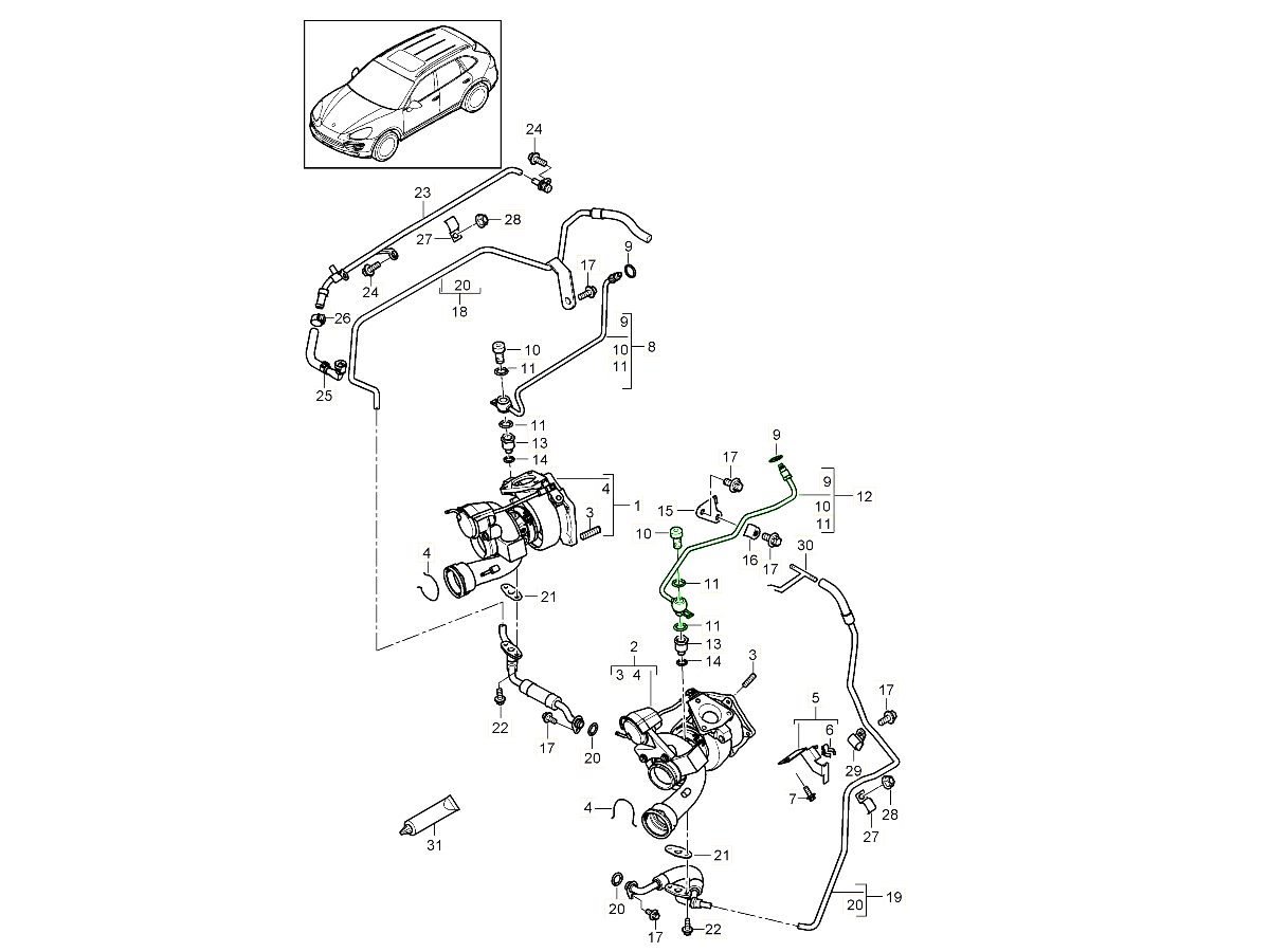 Porsche Cayenne Turbo Turbocharge pressure line 94810708752 94810708751