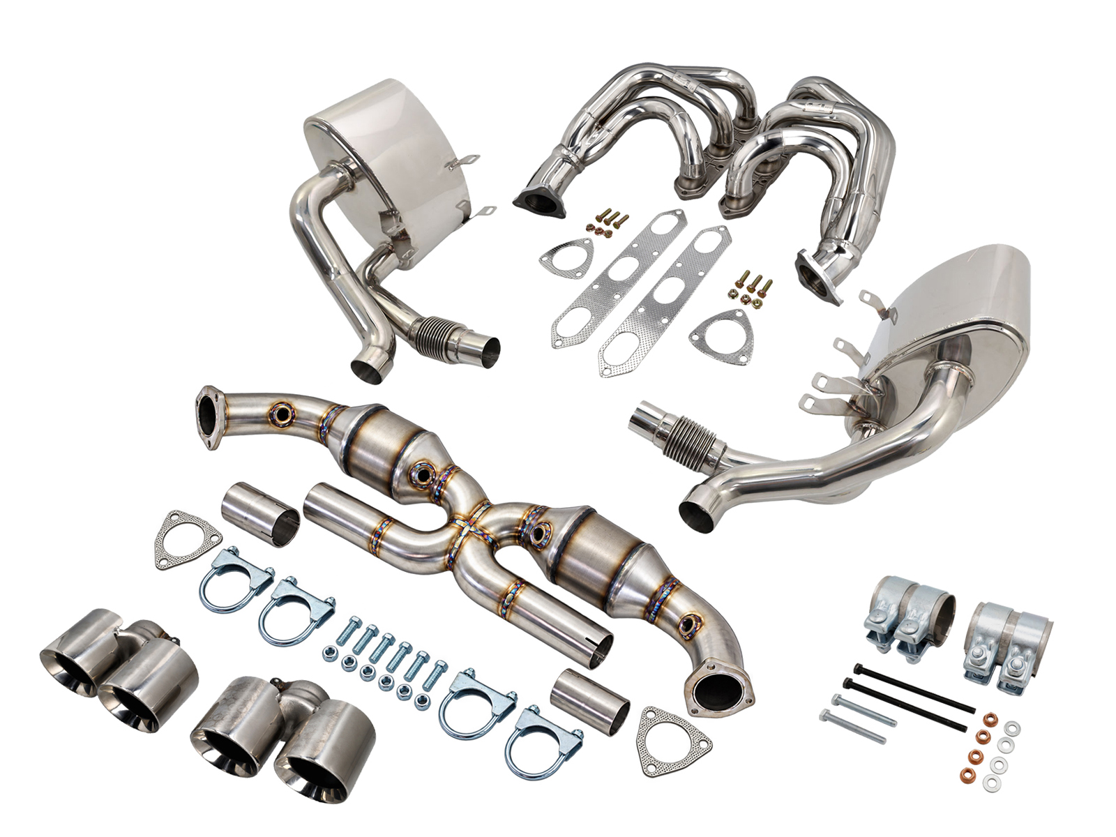 Sports Exhaust With Headers & Cats Package (200 Cell), with Polished Tailpipes for Porsche 997 C2 / C4 - 99711110301, 99711110401, 99711303302, 99711303304, 99711303305, 99711303306, 997113033AX, 99711303500, 99711303501, 99711303504, 99711303505, 997035AX, 99711303402, 99711303404, 99711303405, 99711303406, 997113034AX, 99711303600, 99711303601, 99711303603, 99711303604, 99711303605, 997113036AX, 99711121102, 99711121103, 99711123103, 99711121202, 99711121203, 99711123202, 99711123203