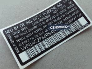 Door Jam VIN Number Decal. Porsche 911 (965) TURBO 1990-1994 - 96570111206