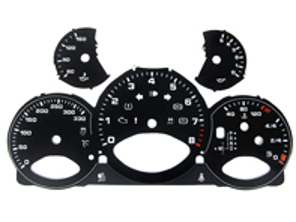 Instrument face set, Black. Porsche 997.2 PDK - KPH - 330 MPH - 9764121002PDK - F97 641 210 02TIP, F9764121002TIP