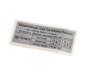 Sticker Tyre Pressure. Porsche 924 / 924S - 477000257A - PAKR4