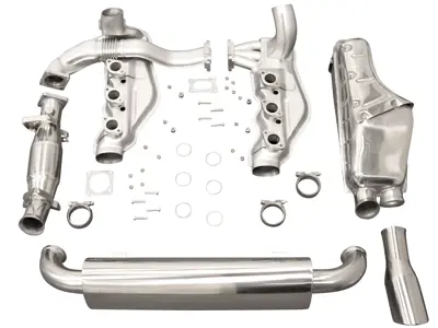 Exhaust set for 964 with single tail pipe and catalytic converter. With Sport muffler, with TÜV. - 1620001210, 1621400710, 1621100606, 1621101900, 1621200100, 1625000300, 1625000900, 1623400100, 1620701100, 1620600900, 1620606200, 1620301400, 1623104480, 1623104470, 92.247SCLAMP, 99311119500, 96411119205, 96411119800, 90007428202, 99908405202, 99908500102, 92.241S, 92.280S, 92.560S, PO-92260S, 91.024S, 91.023S, 96411104205, 96411321316, 96411321315, 96411104504, 96411104502, 96411104605, 96421104004, 96421103905, 96421103932