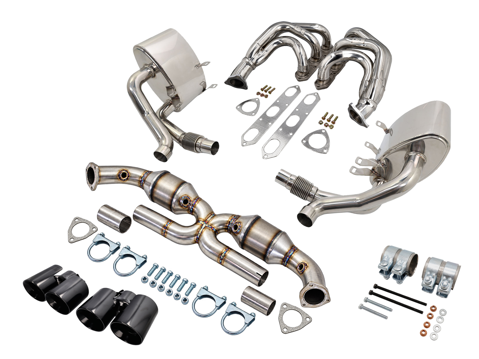 Sports Exhaust With Headers & Cats Package (200 Cell), with Satin Black Tailpipes for Porsche 997 C2 / C4 - 99711110301, 99711110401, 99711303302, 99711303304, 99711303305, 99711303306, 997113033AX, 99711303500, 99711303501, 99711303504, 99711303505, 997035AX, 99711303402, 99711303404, 99711303405, 99711303406, 997113034AX, 99711303600, 99711303601, 99711303603, 99711303604, 99711303605, 997113036AX, 99711121102, 99711121103, 99711123103, 99711121202, 99711121203, 99711123202, 99711123203