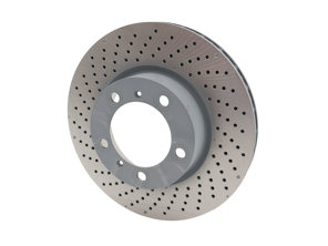 Brake disc rotor Front, drilled-dimpled monoblock, 315x28mm. Porsche 981 Boxster 2.7L / 981C Cayman 2.7L - 98135140101, 98135140201 - PFL39811, PFR39812