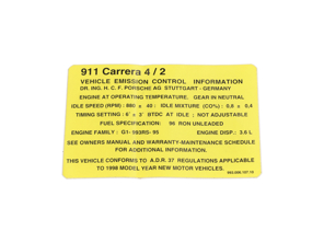 Engine Data Sticker/Decal - Australian Market. Porsche 993 Carrera 1994-98 - 99300610700, 99300610702, 99300610703, 99300610707, 99300610710