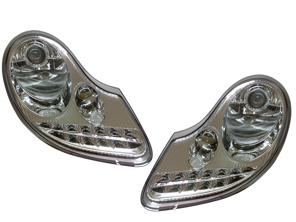 Headlamp with LED Bulbs SILVER RIM. Porsche 996 / Boxster 986 RHD Cars - 99663115704, 99663115804, 98663113121, 98663113221