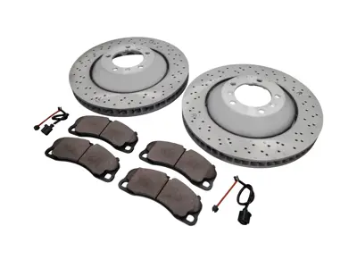 Front brake pads and brake disc package. Porsche Cayman 981 GT4 ABS - 98135140580, 98135140581, 98135140680, 98135140681, 99135194704, 99160918180