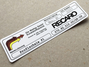 Recaro seats serial number sticker. Porsche 964 RS (1991 – 1994) - 0708201000, 0708201000