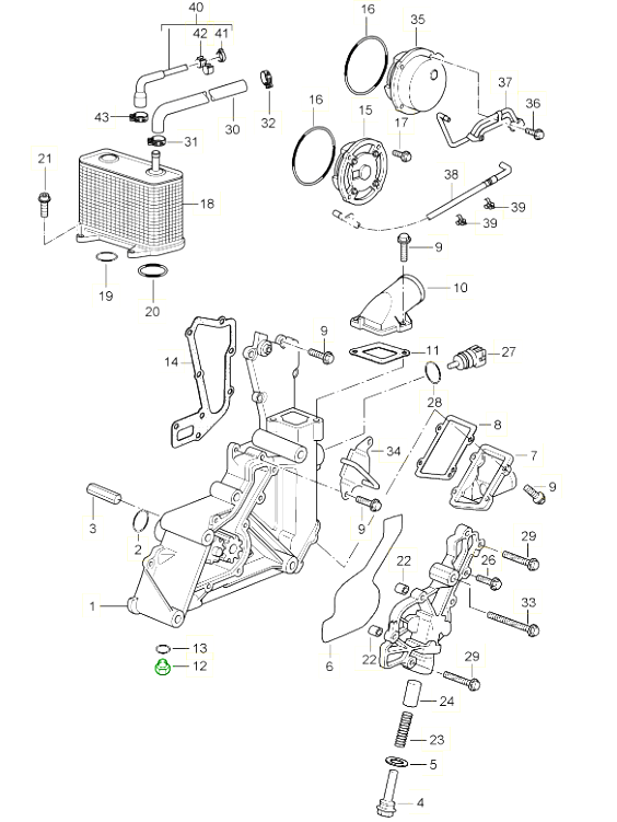 Coolant drain plug on oil pump housing. Porsche 996 / 986 Boxster / 997