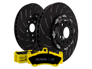 EBC Racing front two-piece floating brake disc and yellowstuff pad kit. Porsche 991 GT3 - P2DK043Y, 99135140581, 99135140681, 99135194784, 99135140682 - DP42206R, SG2F019