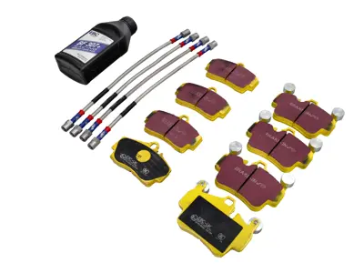 EBC Yellow Brake Pad Kit - Includes Stainless Steel Brake Hoses & 500ml Super Dot 4 Brake Fluid. Porsche 987.2 Cayman S 2010-12 - 99735139305, 99735193907, 98635293910, 98635293911, 99635513901, 99635513903, 99635513904, 98735563700, 98735563701, 98735563702, 98735513700 - PLK1097