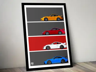 Porsche 911 GT3 Generations poster in Black frame