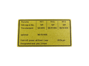 Sticker Tyre Pressure. Porsche 911 1972-1973 *US spec. - 91100651201, 91100651202, 91100651220