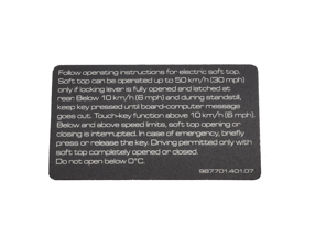 Convertible Roof Safety Sticker - English. Porsche 987 Boxster 2005-12 - 98770140107